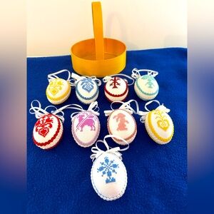 Easter: 9 handmade cross-stitched eggs & Shaker basket